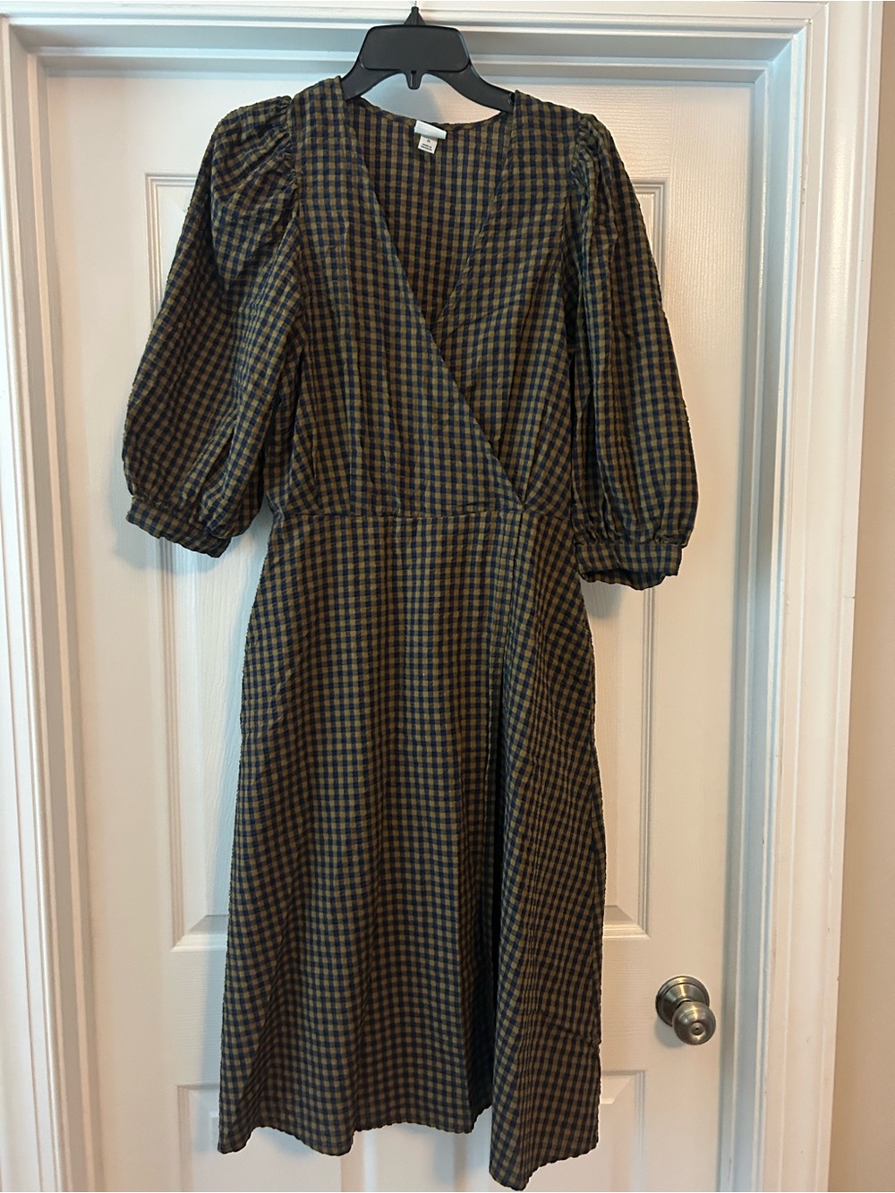 Checked Puff-Sleeve Midi Dress in Olive and navy